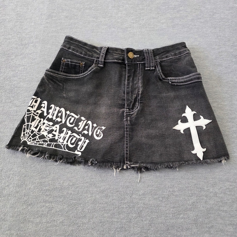 ROMWE Gothic Black Denim Mini Skirt Haunting Beauty Cross Graphic Raw Hem Medium
